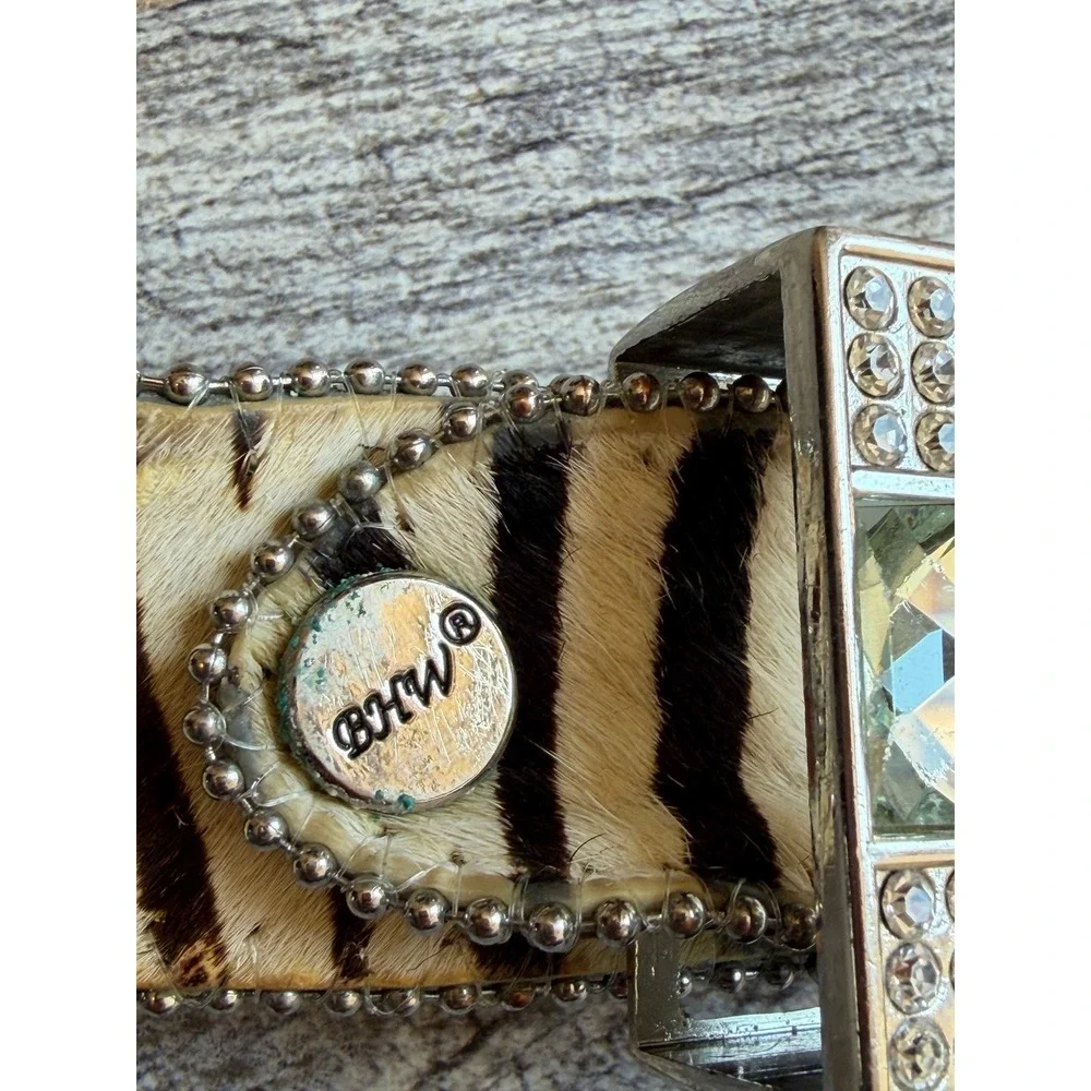 BHW Western Belt XL Zebra Print Rhinestone Extra Large Studded Calf Hair Leather